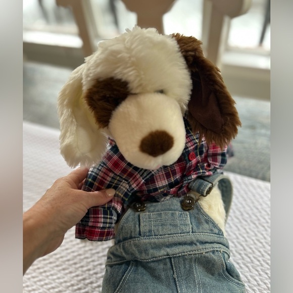 Build-A-Bear Dog Brown White Denim Overalls Plaid Shirt Ears Bend Made in USA - Picture 5 of 13